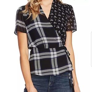Vince Camuto Plaid Floral Mix Print Wrap Blouse XS
